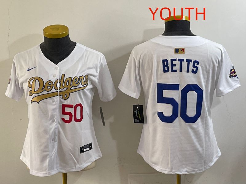 Youth Los Angeles Dodgers 50 Betts White Champion edition Nike MLB Jersey style 003